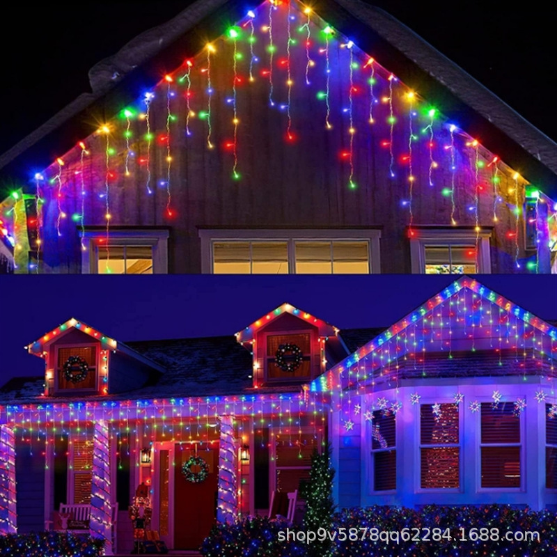 跨境太阳能窗帘瀑布灯冰条灯串户外防水露营装饰彩灯串·氛围灯星