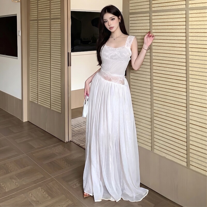2026 European and American Cross-Border Summer New Style Elegant Lace Patchwork Design Spaghetti Strap Slim Backless Dress for Women