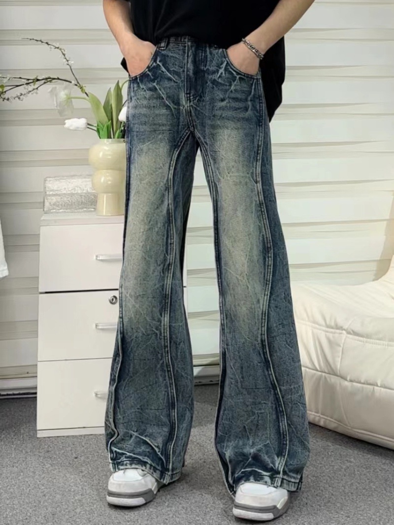 Amerikanische High Street Jeans mit geradem Bein und Lichtmuster und Micro-Pull-Wash-Spleißen-Design, vielseitig und stilvoll_voghion.com