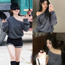 现货 韩国代购2025秋季露思同款复古美式不对称斜肩露肩卫衣女
