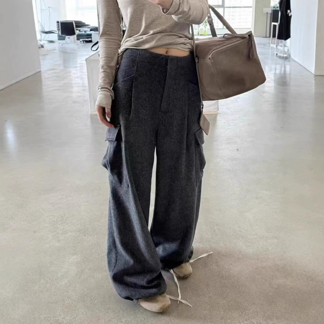 2994 зимний новый черно-серый шерстяной топ-смысл прямые брюки