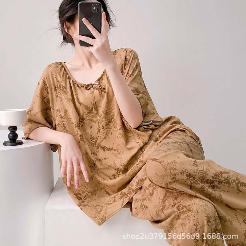 Spring and Summer Ethnic Style Women's Short-Sleeved Cotton Silk Pajamas for Outer Wear Loose Thin Artificial Cotton Plus Size Home Wear Set