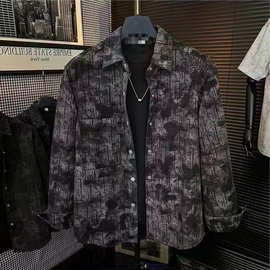 男士新款2025帅气韩版潮流款复古夹克印花春秋外套扎染纽扣长袖