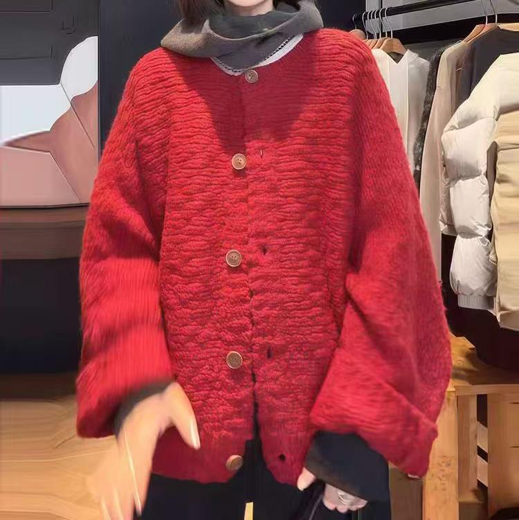 Korean Style Cherry Red Cardigan Sweater Coat for Women, Christmas Outfit, Knitted Cardigan Top