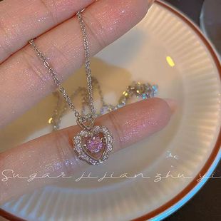 Beating Heart Necklace Female Ins Love Pink Zircon Clavicle Chain for Girlfriend Birthday Gift
