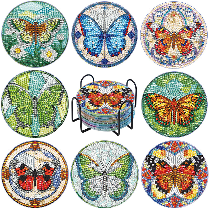 Taza de pintura de diamante personalizada almohadilla de taza de perforación completa almohadilla de aislamiento térmico redonda almohadilla de mesa de comedor de animales DIY forma especial almohadilla de taza con estante al por mayor