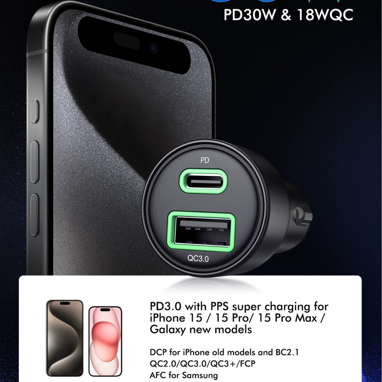 Подходит для автомобильного зарядного устройства Apple 16/15/14 48W PD один к двум USB-C двойная быстрая зарядка прикуриватель
