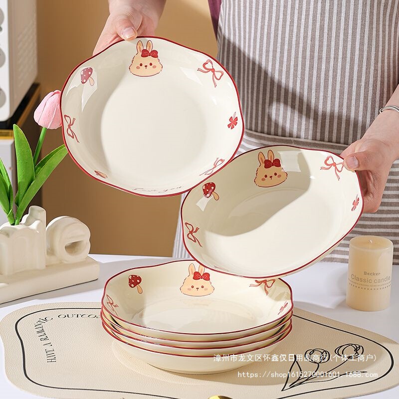 Ceramic Plate Dish Plate Household 2025 New Cute Cartoon Underglaze Color Tableware Rice Bowl Eating Dish Plate Round Plate