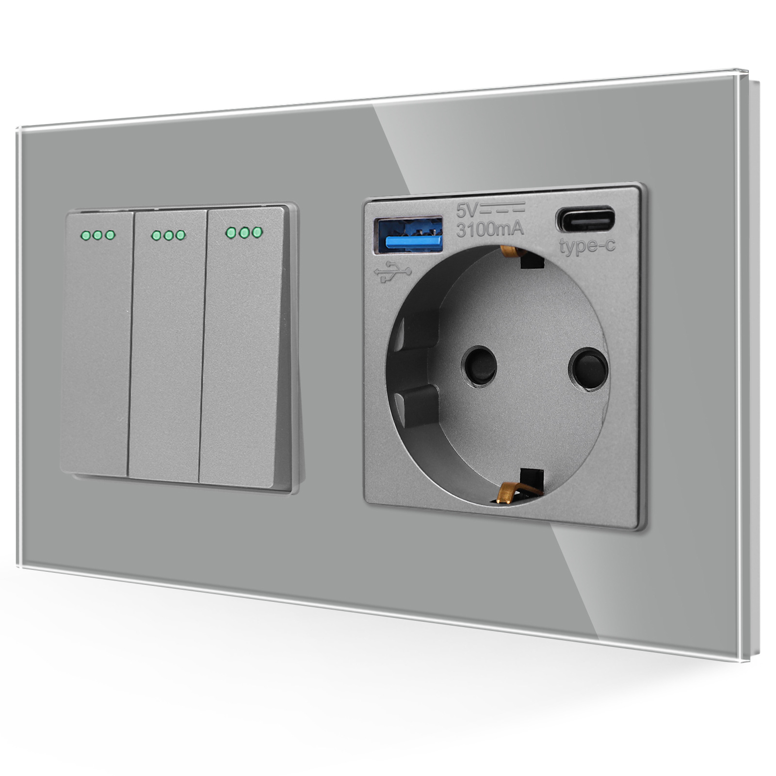 灰色3G机械开关带USB/Type-c欧式德式插座玻璃平板带接地俄罗斯