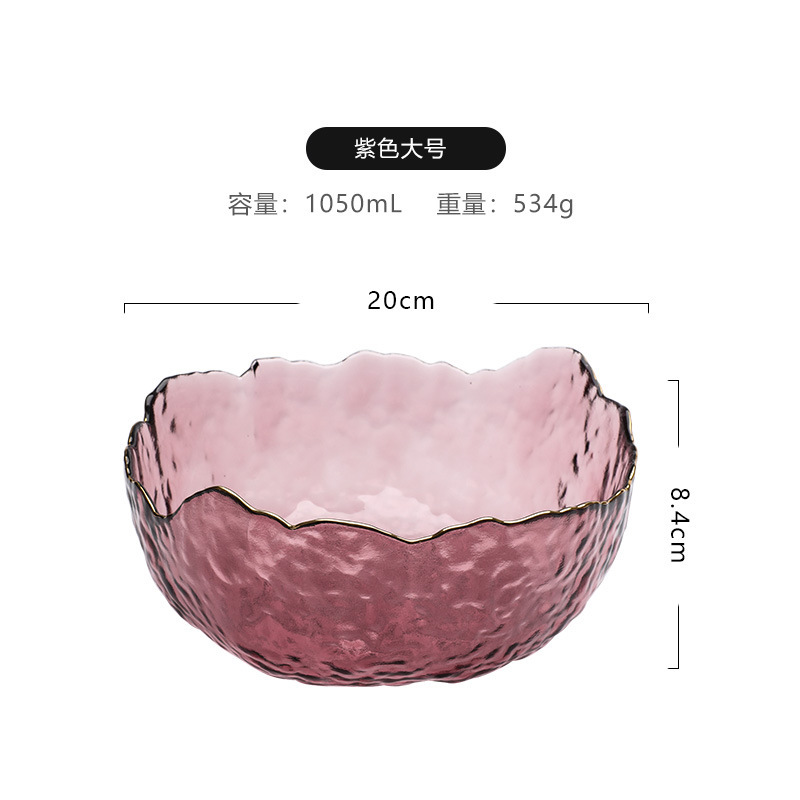 Venta al por mayor estilo nórdico patrón de martillo transparente borde dorado ensaladera de vidrio hogar plato de fruta de postre de alto aspecto vegetal