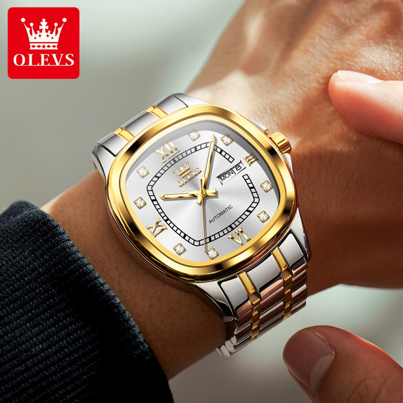New Oli's Cross-border Foreign Trade Wholesale Diamond-encrusted Boys Square Dial Advanced Sense Double Calendar Men's Mechanical Watch