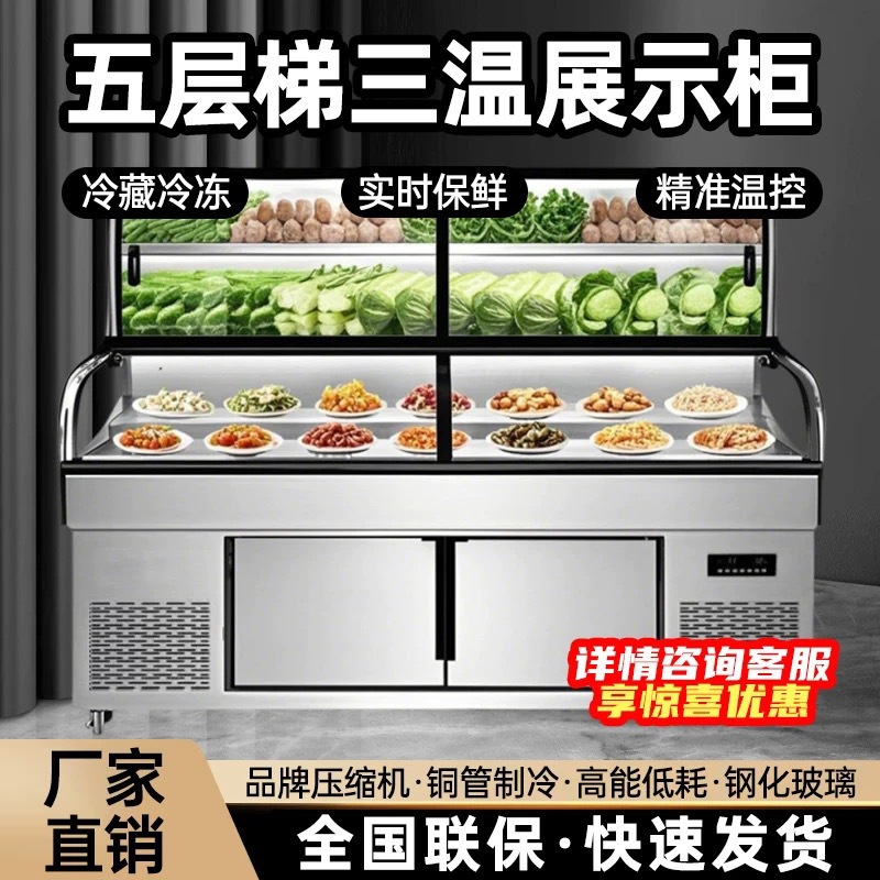 Three-Temperature, Three-Control, Five-Layer Fried Skewers Ordering Cabinet, Barbecue Seafood Ice Table, Refrigerated and Frozen Hotel Display Cabinet