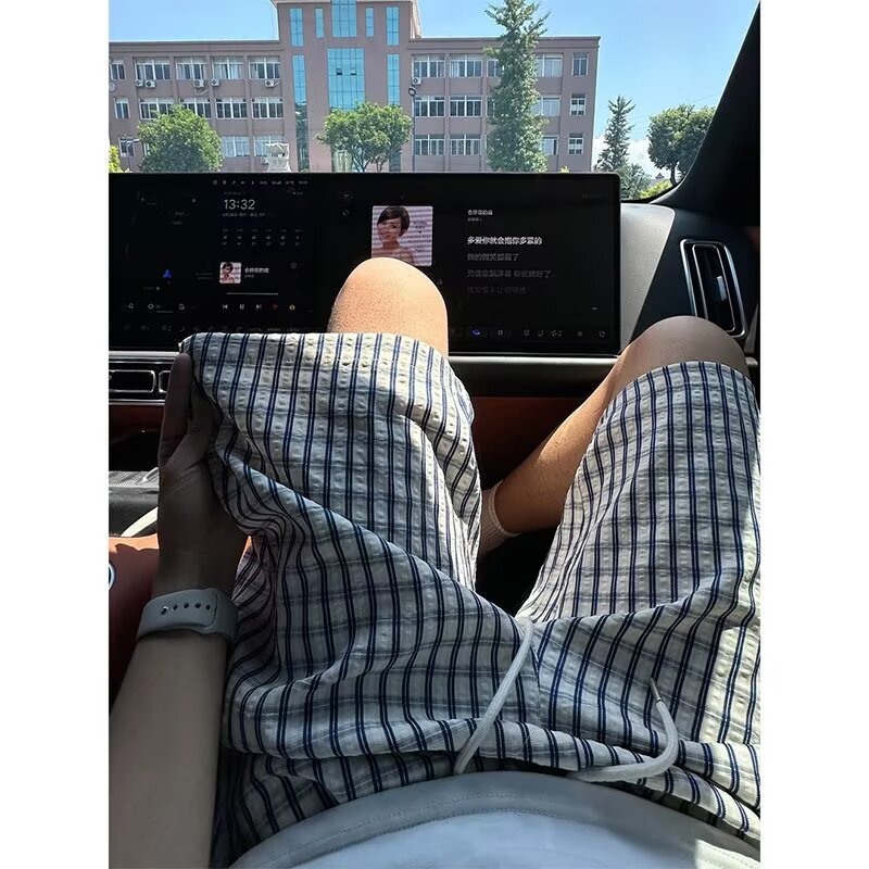 Blue Seersucker Plaid Shorts Men's Summer Thin Splicing Design Straight Pants Casual Wide-Leg Five-Point Pants