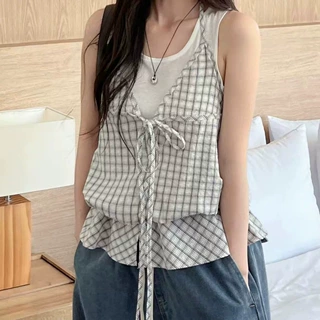 韩国chic夏季绑带挂脖撞色格纹吊带拼接假两件背心女收腰洋气上衣