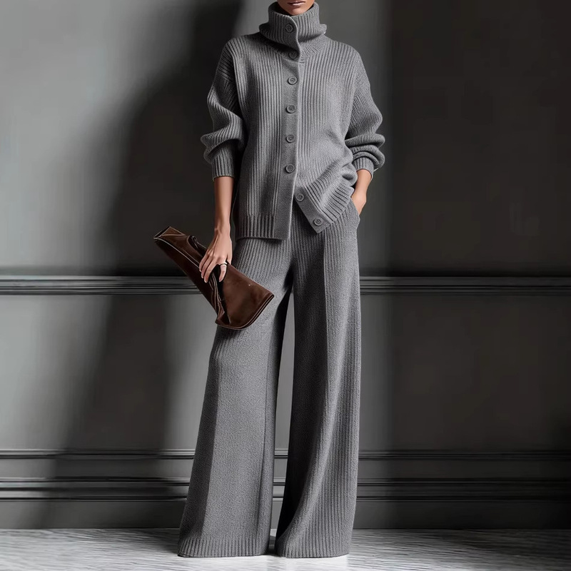 European and American Cross-Border Autumn and Winter New High-Neck Solid Color Cardigan Long-Sleeve Top and Wide-Leg Pants Set Knitted 2-Piece Set