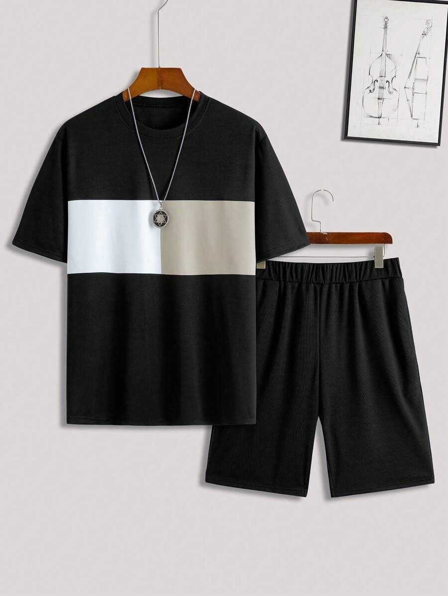 Traje de hombre con estampado digital 3D a rayas en contraste, camiseta, traje deportivo para hombre, cuello redondo, pantalones cortos con cordón de manga corta