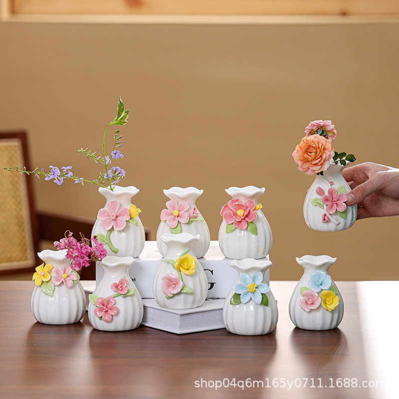Hand-Kneaded Flower Ceramic Vase Simple Hydroponic Flower Set Colorful Mini Fresh Flower Ornaments Desktop Craft Jewelry