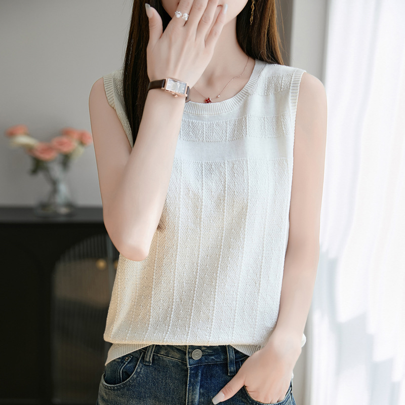 2025 Summer New Pure Cotton Round Neck Sleeveless Knitted Vest Solid Color Loose Pullover Base Shirt Top for Women