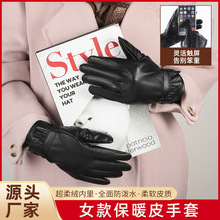 秋冬时尚女士羊皮手套加绒加厚保暖手套可触屏防水防风骑车手套