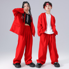 元旦儿童街舞潮服男女童红色西服breaking表演服套装模特走秀礼服