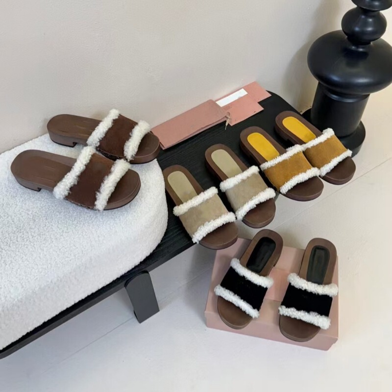 High Version Miu Old Thick-Soled Wool Furry One-Line Fur Slippers for Women to Wear Outside 25 New Autumn and Winter Black Furry Shoes