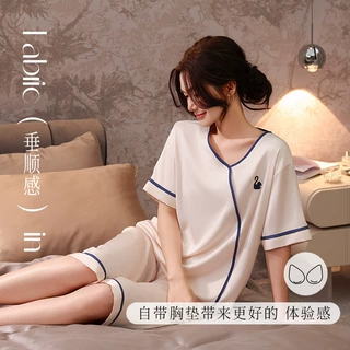 【冰雪丝】新款带胸垫睡衣女夏季薄款冰丝绸短袖七分裤纯欲家居服