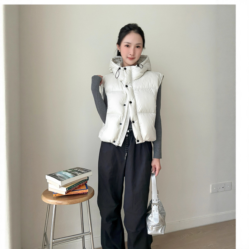 短款连帽羽绒马甲90白鸭绒韩版宽松休闲外穿背心保暖羽绒服坎肩女|undefined