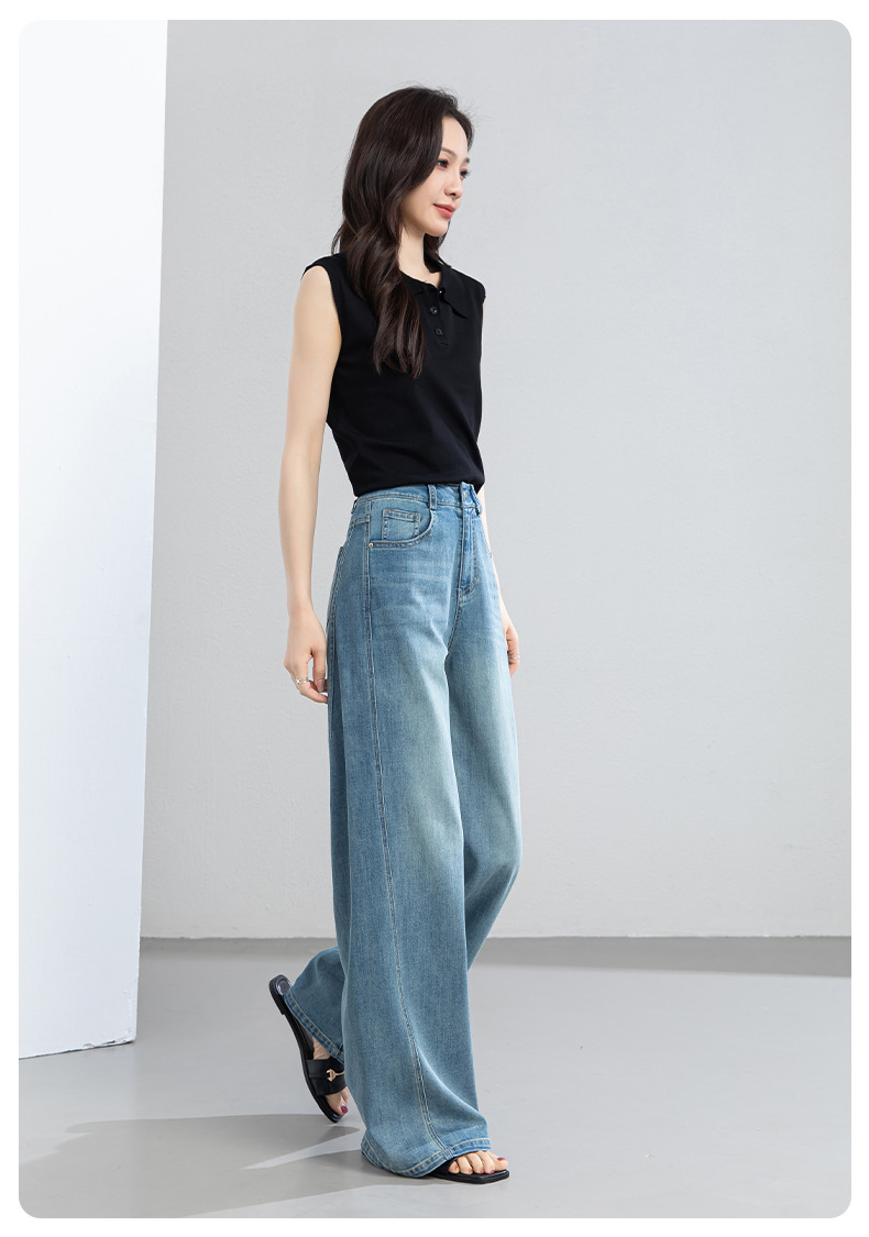 Quần jean nữ ống rộng cạp cao chất vải denim pha sợi tencel mềm mại — xanh lam chi tiết 24