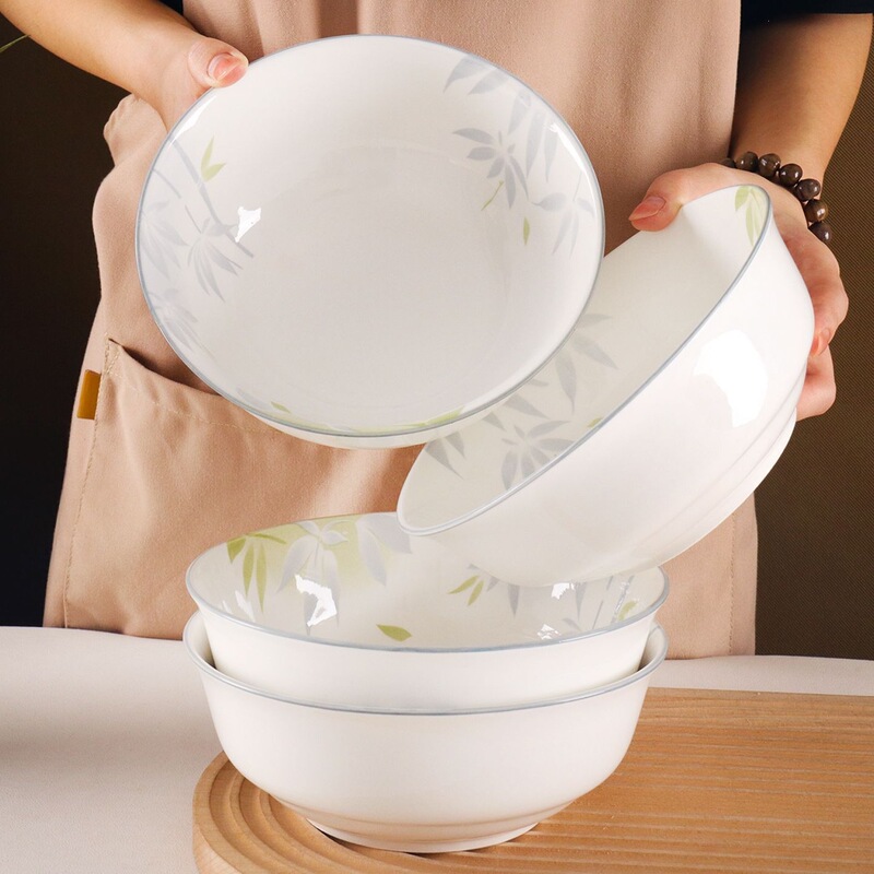 7inch Silver Bamboo Soup Bowl, Rice Bowl, Noodle Bowl, Ceramic Tableware, High-end Porcelain White Tableware, Home Use, Underglaze Color, Microwave Safe