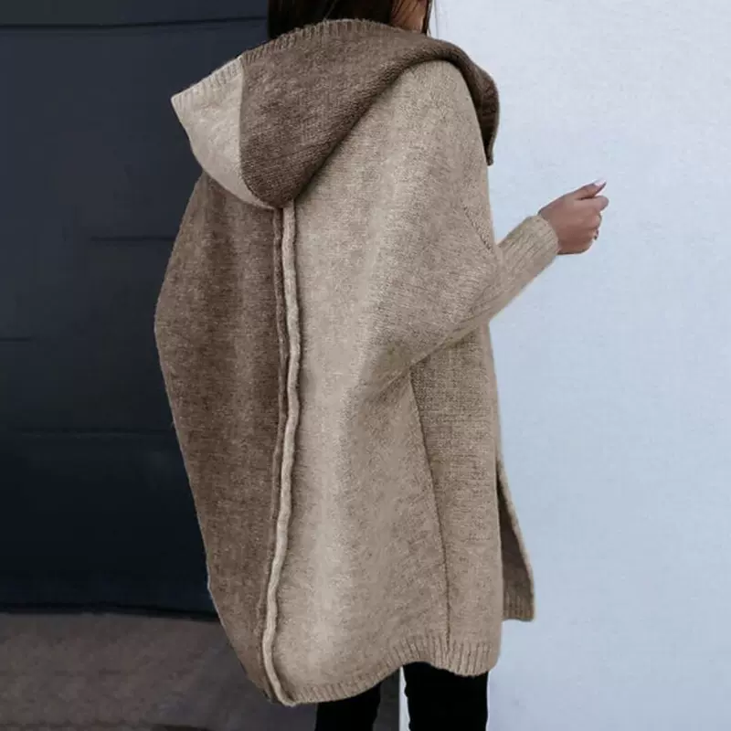 欧美拼色连帽针织开衫女2025年欧美跨境秋冬大版中长款毛衣女外套