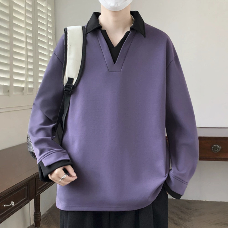 Youth and student spring/autumn collection: oversized, color-blocked polo shirt with a V-neck and long sleeves, available for drop shipping Youth and student spring/autumn collection: oversized, color-blocked polo shirt with a V-neck and long sleeves, available for drop shipping