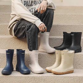 2024跨境中筒雨鞋潮男士雨靴固定一体棉绒加厚平底水鞋防水靴胶鞋