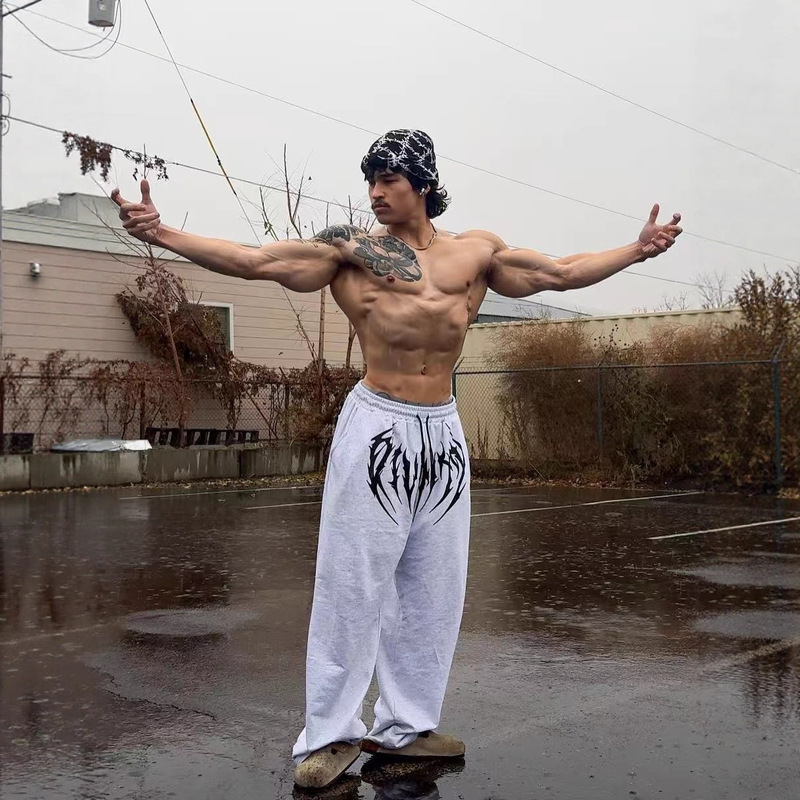 Breathedivinity New American Fitness Pants Jogger Cotton Terry Printed Wide-Leg Pants Trendy