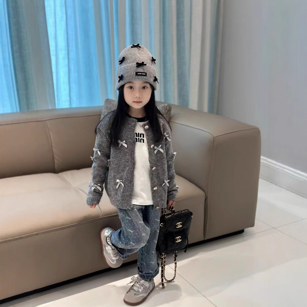 (2개) FW 2024 가을 새 소녀 프랑스 달콤한 3 차원 활 올 매치 카디건 스웨터 티셔츠 청바지
