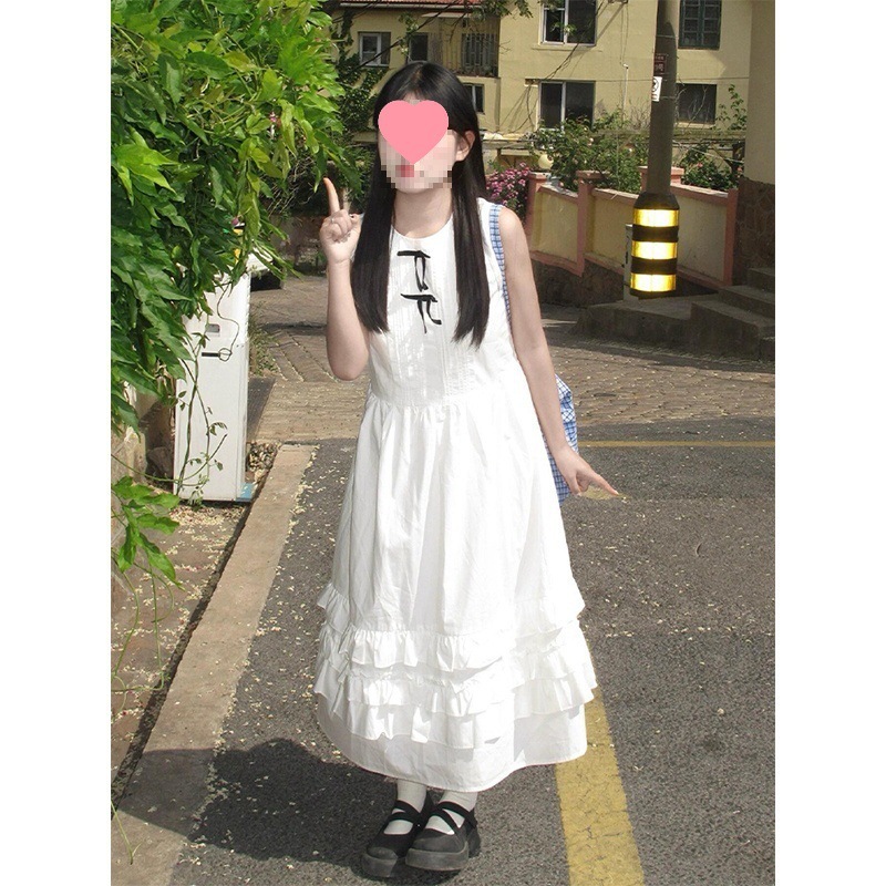 跨境学院风白色连衣裙女夏季新荷叶边无袖背心裙设计感修身显瘦长|undefined