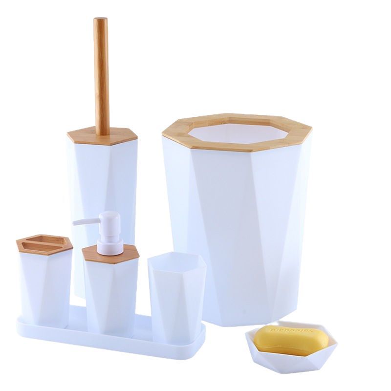 Hoteles transfronterizos residenciales lavabos bambú y madera artículos de baño set siete piezas inodoro cepillo de dientes soporte de cepillo de dientes contenedor de basura yufei