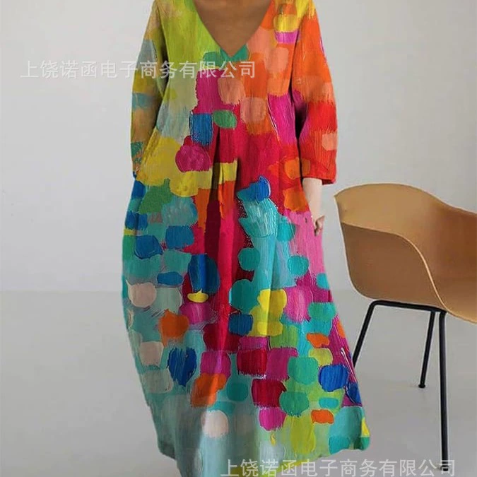 2024 новый Amazon трансграничный европейский и американский женский свободный круглый вырез модное платье с длинным рукавом с принтом V-образным вырезом