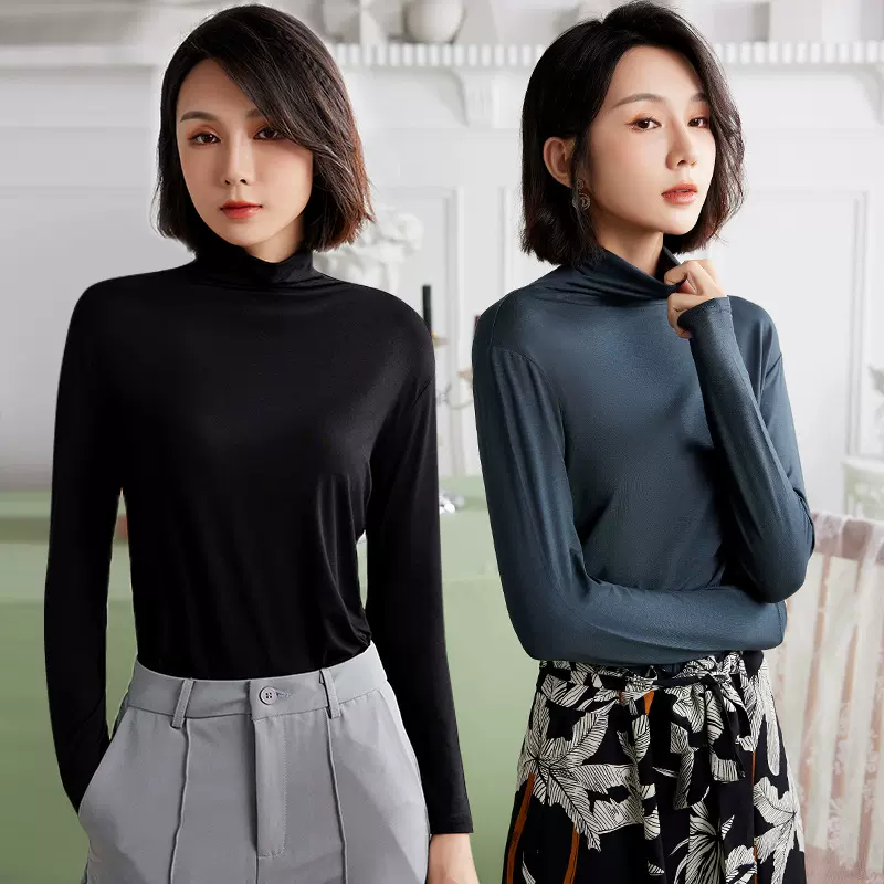 莫代尔打底衫长袖t恤女秋冬新款半高领大码修身内搭纯色薄款上衣