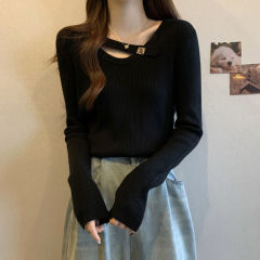大码高级感v领毛衣内搭黑色打底衫女春秋季胖mm遮肚子针织衫上衣