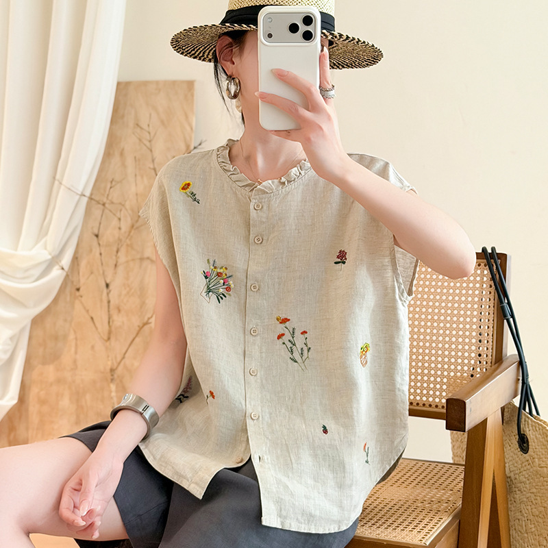 Vintage Cotton and Linen Sleeveless Ruffle-Trimmed Vest for Women, New Summer Style, Plus-Size Casual Loose Embroidered Top with Lace Trim Vintage Cotton and Linen Sleeveless Ruffle-Trimmed Vest for Women, New Summer Style, Plus-Size Casual Loose Embroidered Top with Lace Trim