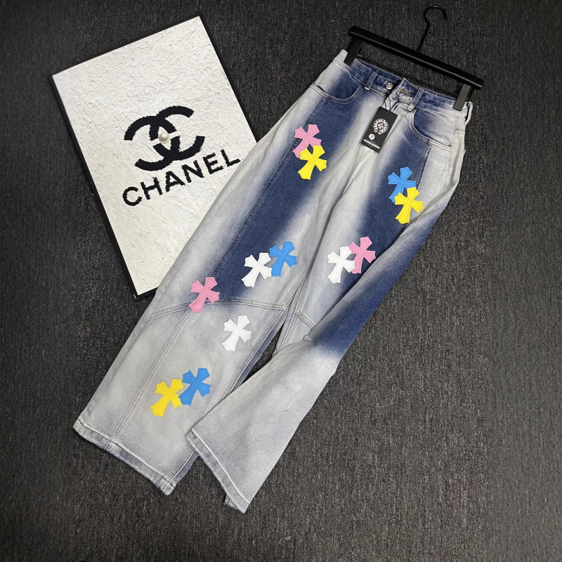 Ch25 Autumn and Winter New Fashionable Retro Trendy Brand Gradient Colorful Leather Embroidered Logo Denim Wide-Leg Pants