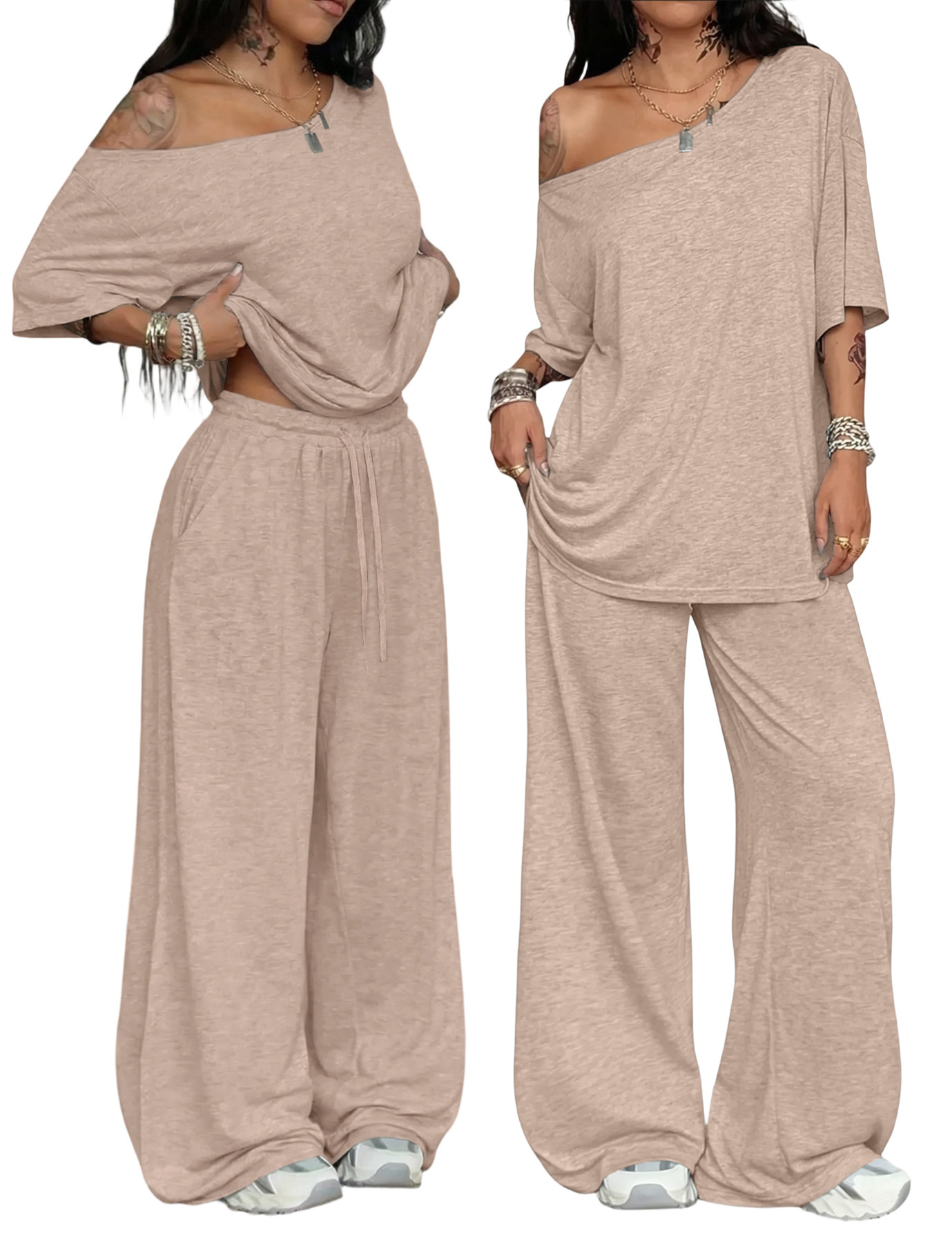 Women's Clothing Spring/Summer Women's Casual Wide Leg Pants Suit Solid Color Sports Two Piece Loose Trousers_voghion.com