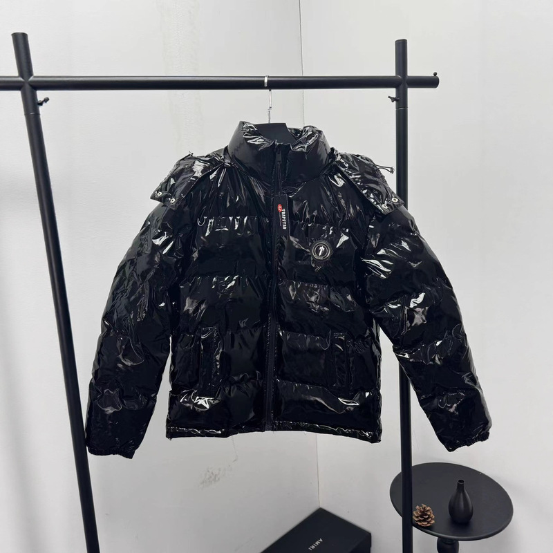 Foreign Trade Cross-Border Trapstar New Detachable Hood Glossy Pu Leather Cotton Jacket Fashion Autumn and Winter Thickened Warm Coat