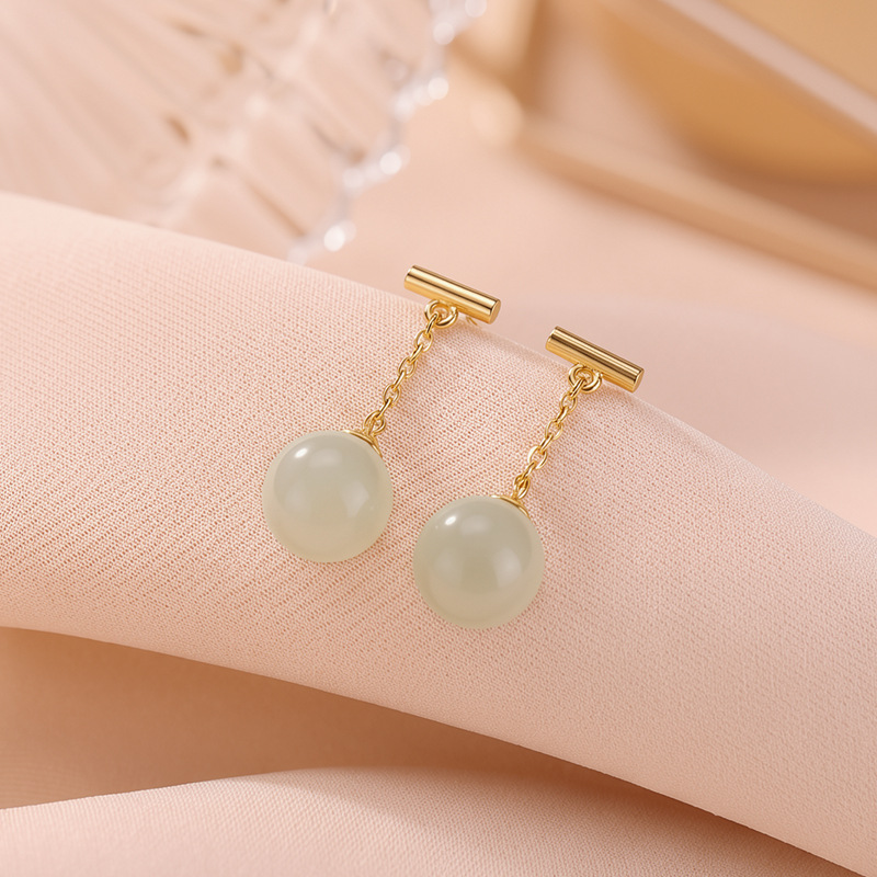 Bông tai bạc S925 mạ vàng đính đá hổ phách và ngọc bích phong cách tối giản — Một cặp màu hổ phách