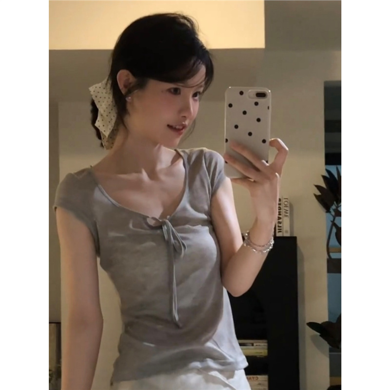 原版面料韩系氛围感u领系带短袖t恤女夏纯欲风超好看甜美收腰上衣|undefined