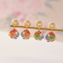 壹鹿银S925纯银镀金水红碧玉国潮珐琅鲤鱼圆珠无耳洞耳夹锦鲤耳饰