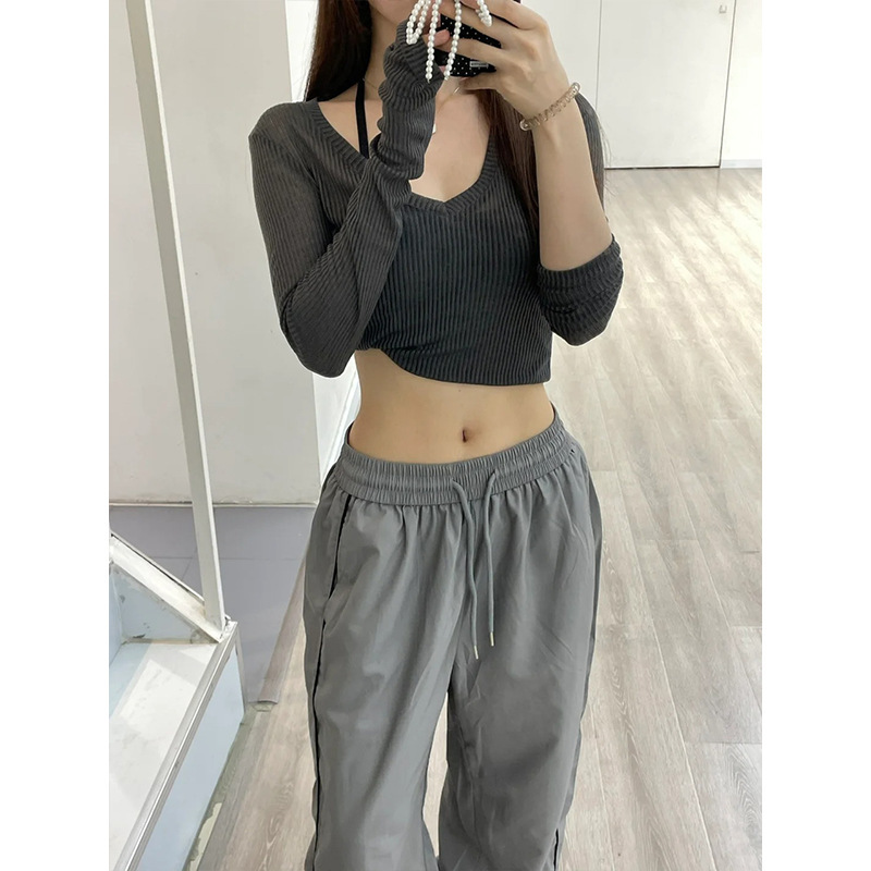跨境美式复古V领长袖t恤女2025年早秋薄款气质小众内搭打底衫上衣|undefined