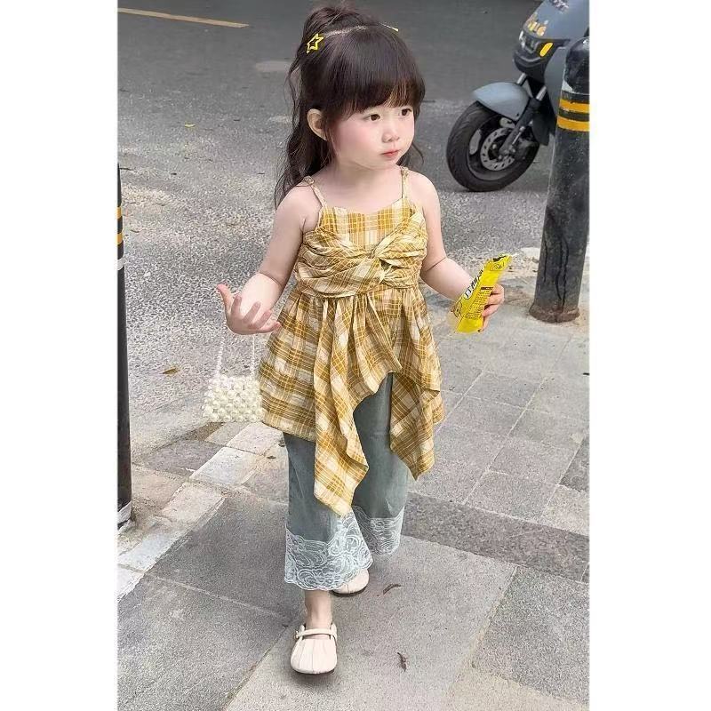 女童夏装2025宝宝格子不规则吊带裙儿童洋气蕾丝拼接牛仔裤两件套