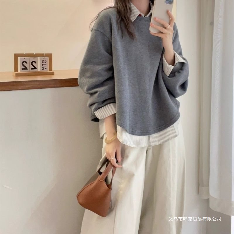 春季新款大码上身休闲慵懒风灰色拼条纹假两件上衣显瘦宽松卫衣女