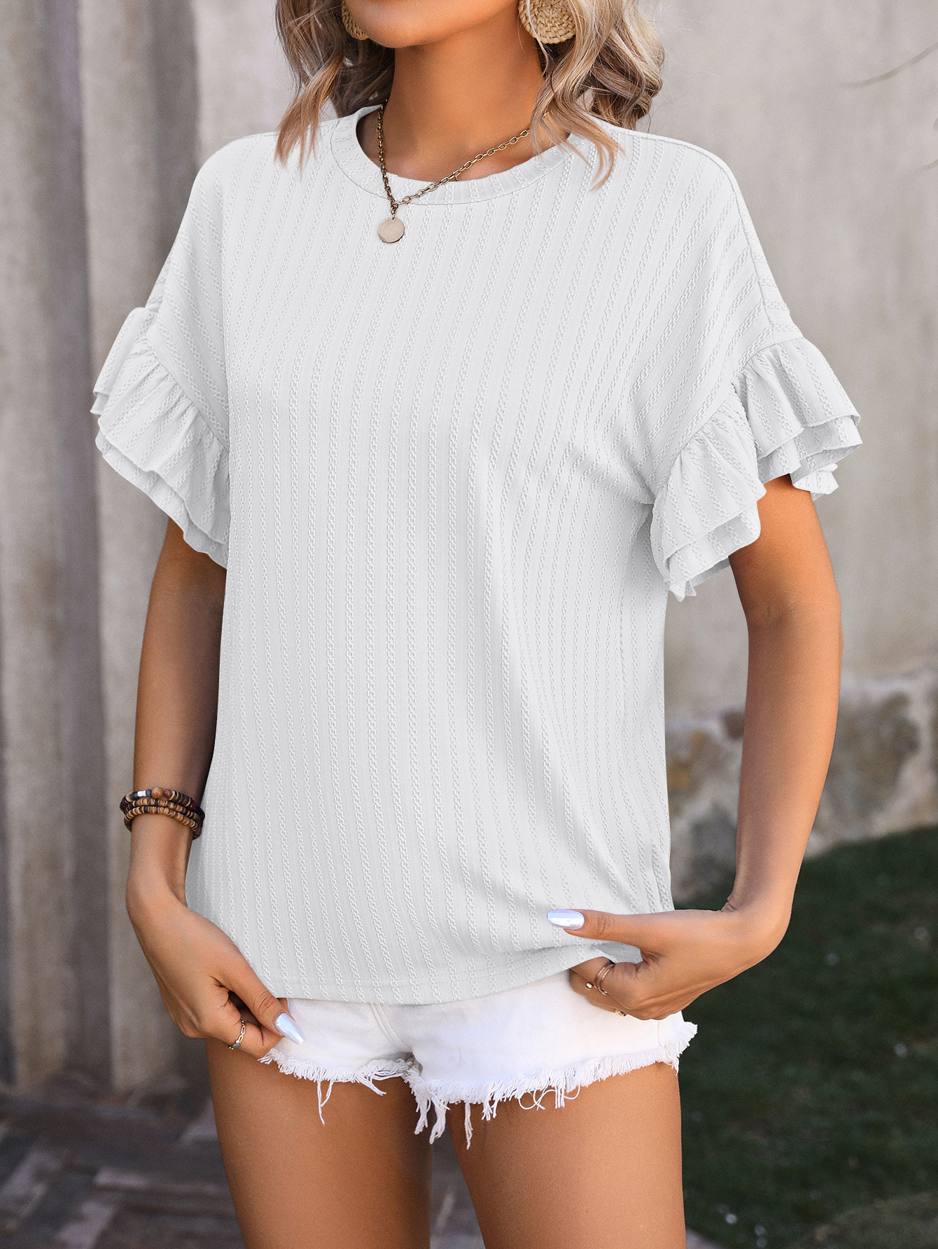 210g Weight Short Sleeve Sleeve Length Pullovers Placket Type Flounce Sleeve Sleeve Type Spandex, Polyester Fabric Type Regular Top Length T-shirt Tops Type Daily Occasion Round Neck Neckline Loose Fit Type Solid Color Pattern Summer, Spring Season Women's Gender Elegant Style Wholesale Women's Elegant Solid Color Short Sleeve T-Shirts 8